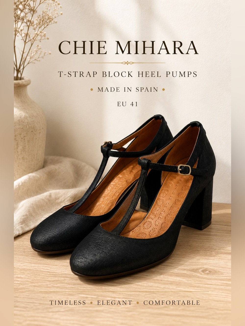 Chie Mihara Black T-Strap Block Heel Pumps EU 41 Made in Spain